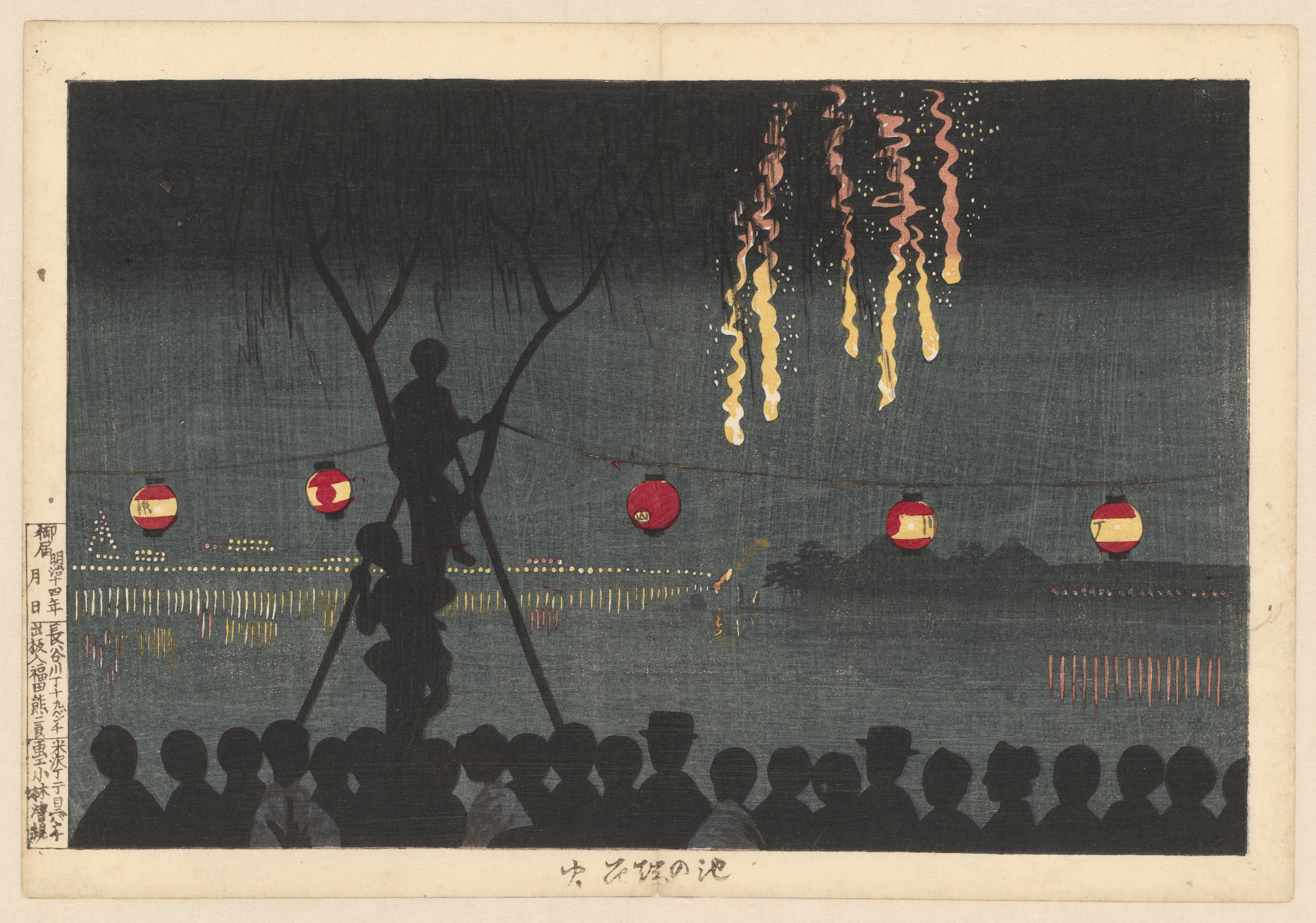 Vuurwerk te Ikenohata, Kobayashi Kiyochika, 1881